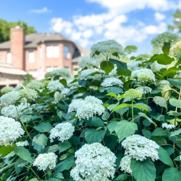 Brick home white hydrangeas